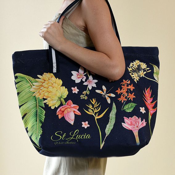 Saint Lucia Beach Bag Navy Color with Flowers